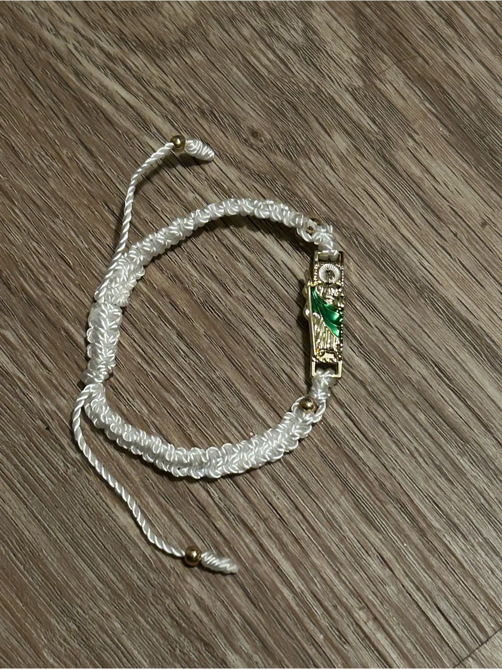 Elegant White Braided Cord Bracelet with Gold & Green Accent of St. Jude
